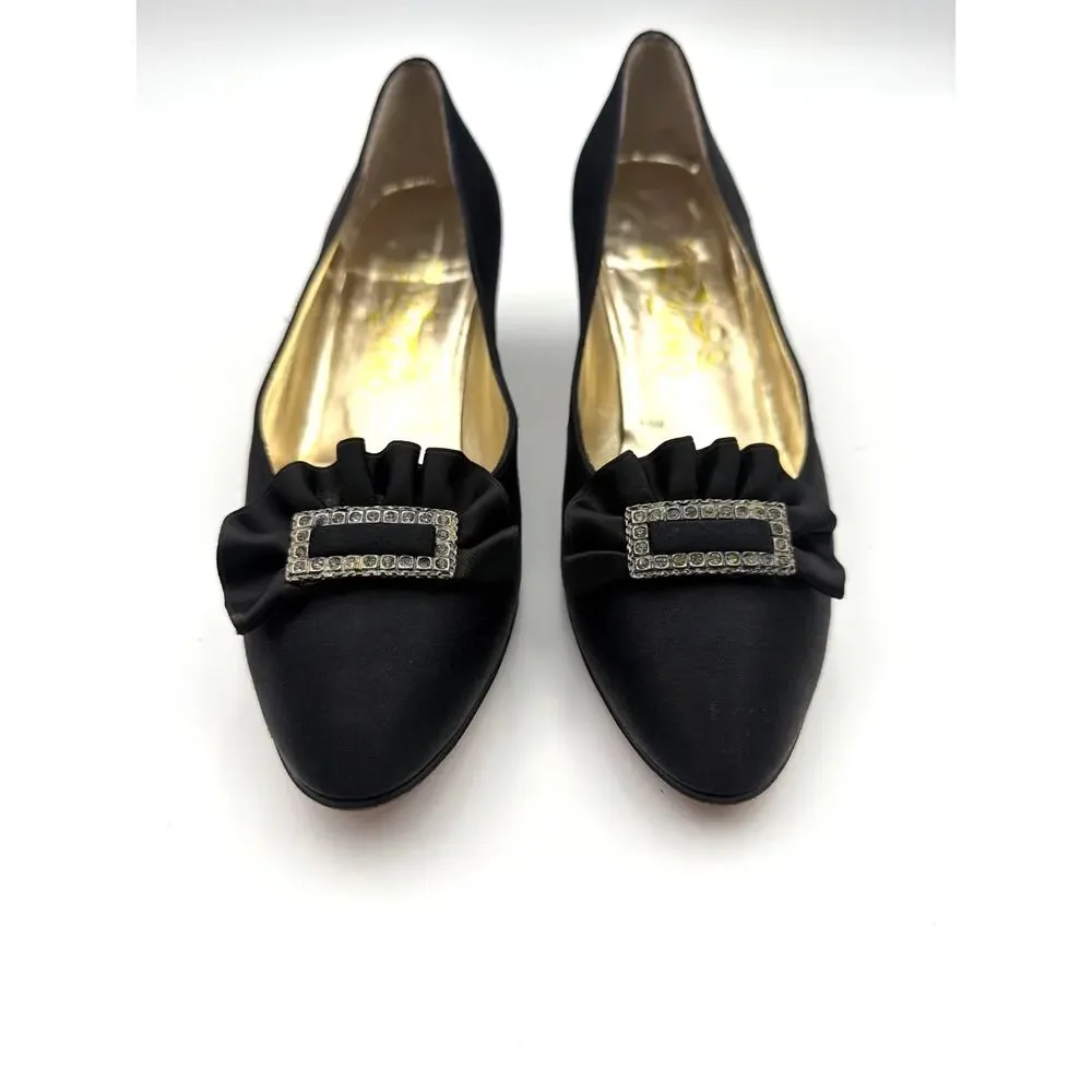 Salvatore Ferragamo 7.5 N 7.2 AA Black Satin Jewel Buckle Kitten Heels VTG READ
